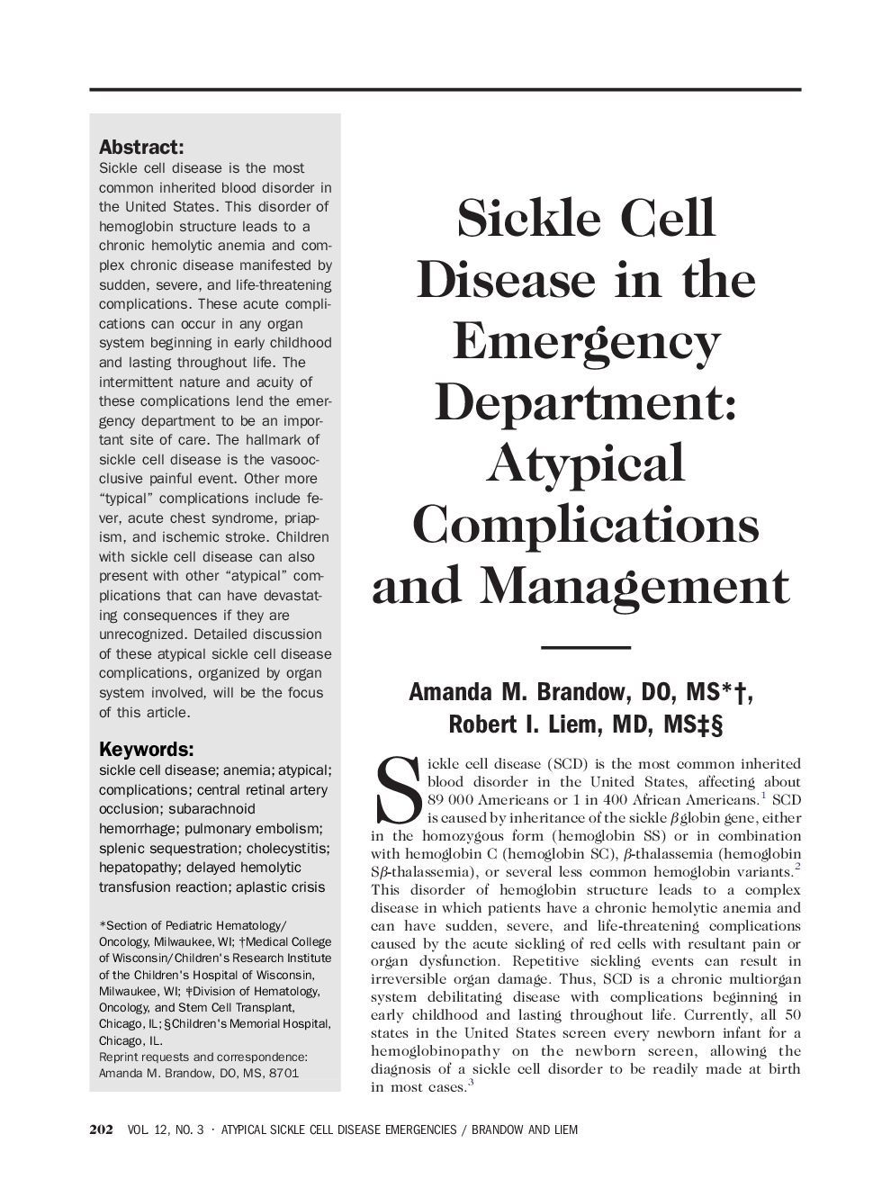 Sickle Cell Disease in the Emergency Department: Atypical Complications and Management 