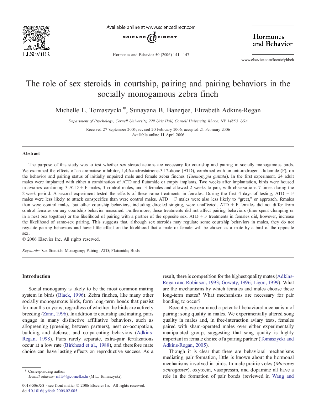 عکس صفحه اول مقاله: The role of sex steroids in courtship, pairing and pairing behaviors in the socially monogamous zebra finch The role of sex steroids in courtship, pairing and pairing behaviors in the socially monogamous zebra finch