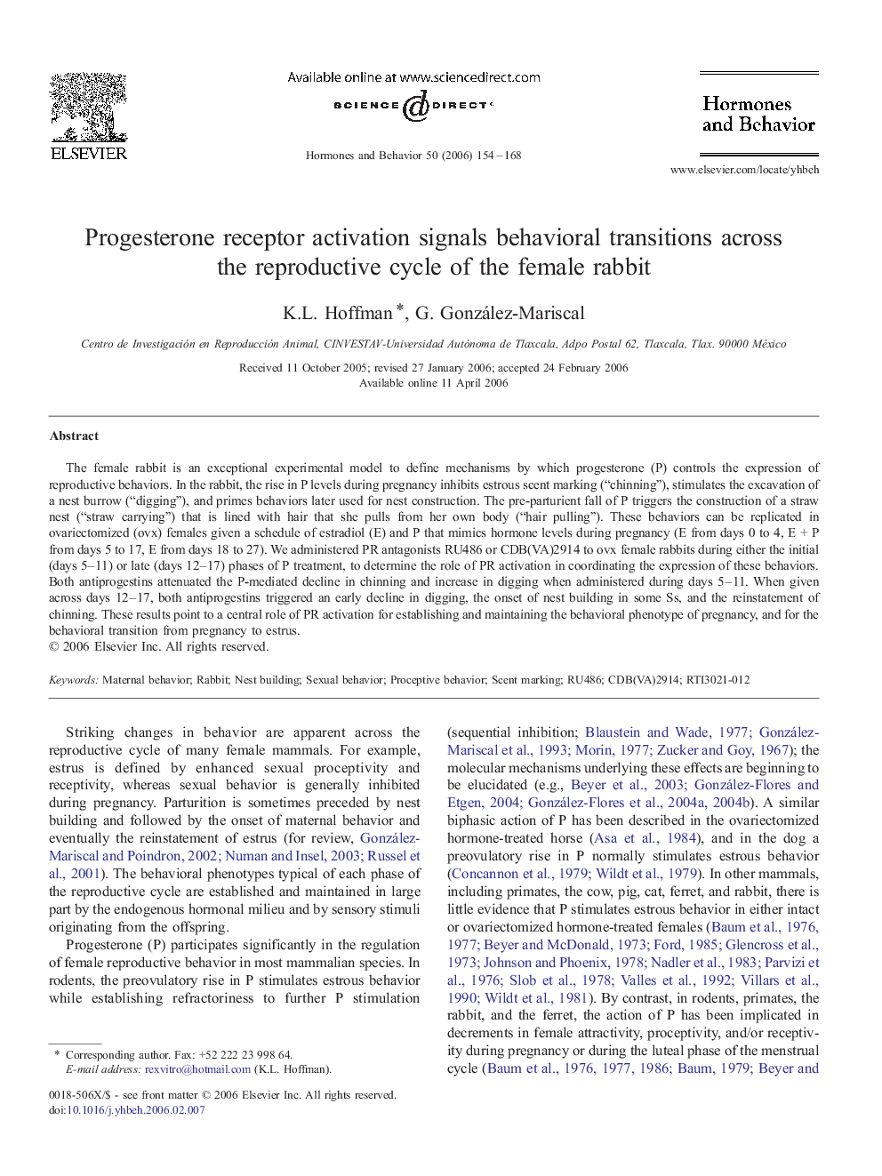 Progesterone receptor activation signals behavioral transitions across the reproductive cycle of the female rabbit