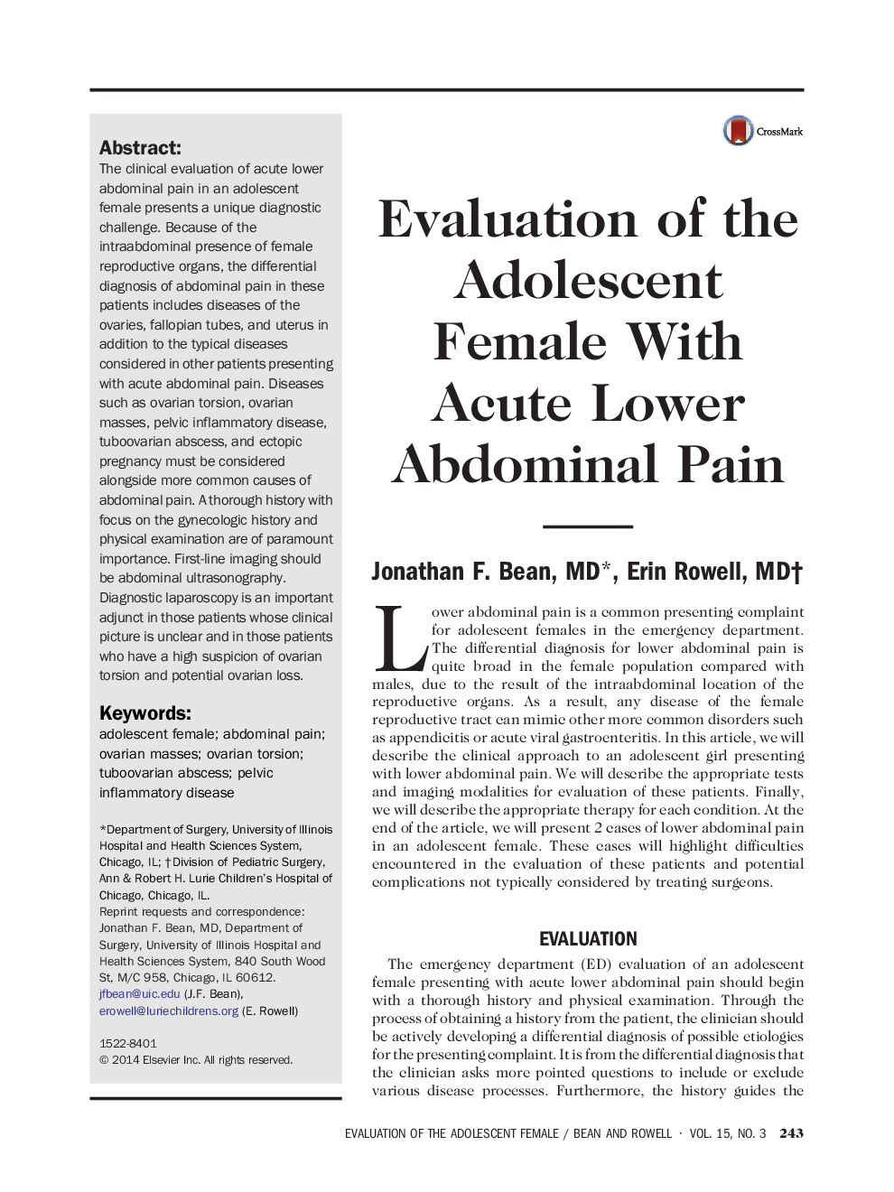 Evaluation of the Adolescent Female With Acute Lower Abdominal Pain