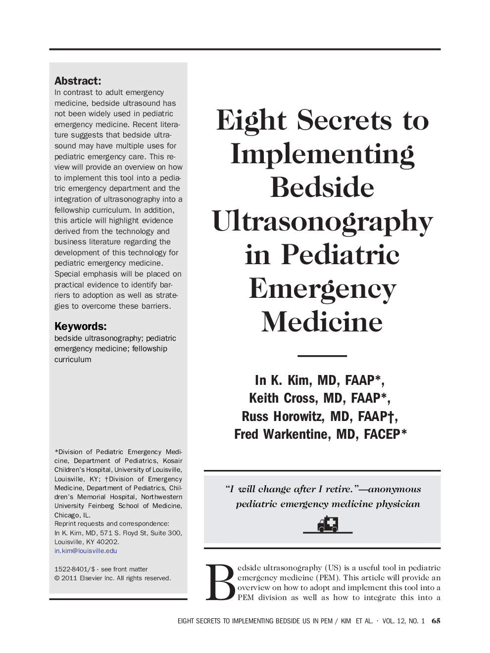 Eight Secrets to Implementing Bedside Ultrasonography in Pediatric Emergency Medicine