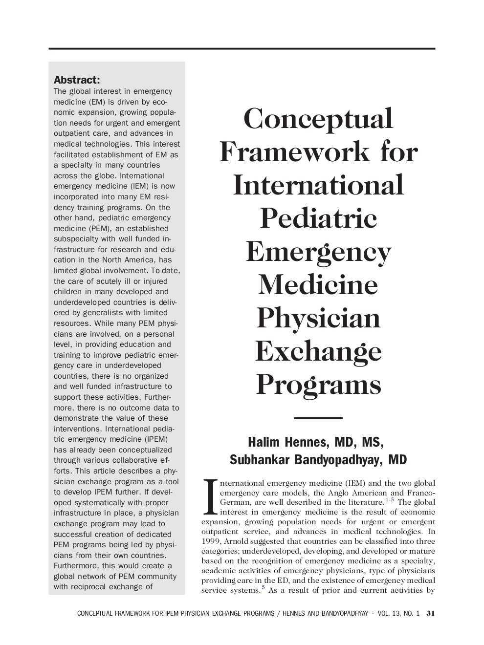 Conceptual Framework for International Pediatric Emergency Medicine Physician Exchange Programs