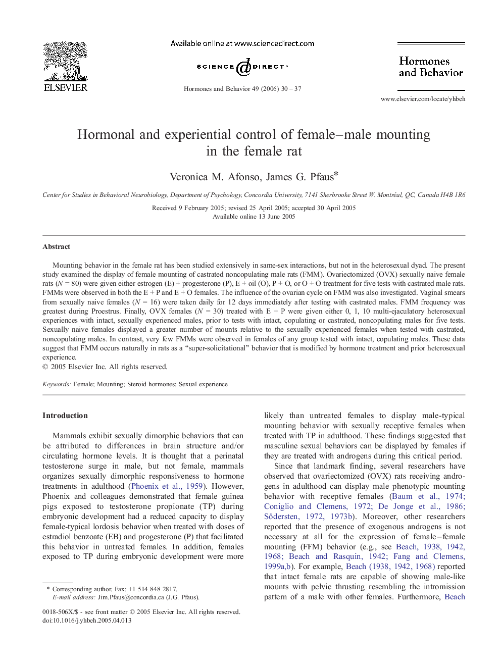 Hormonal and experiential control of female–male mounting in the female rat