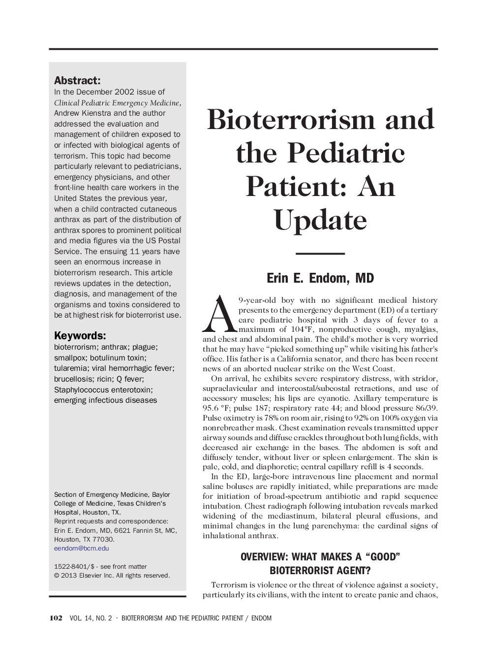 Bioterrorism and the Pediatric Patient: An Update