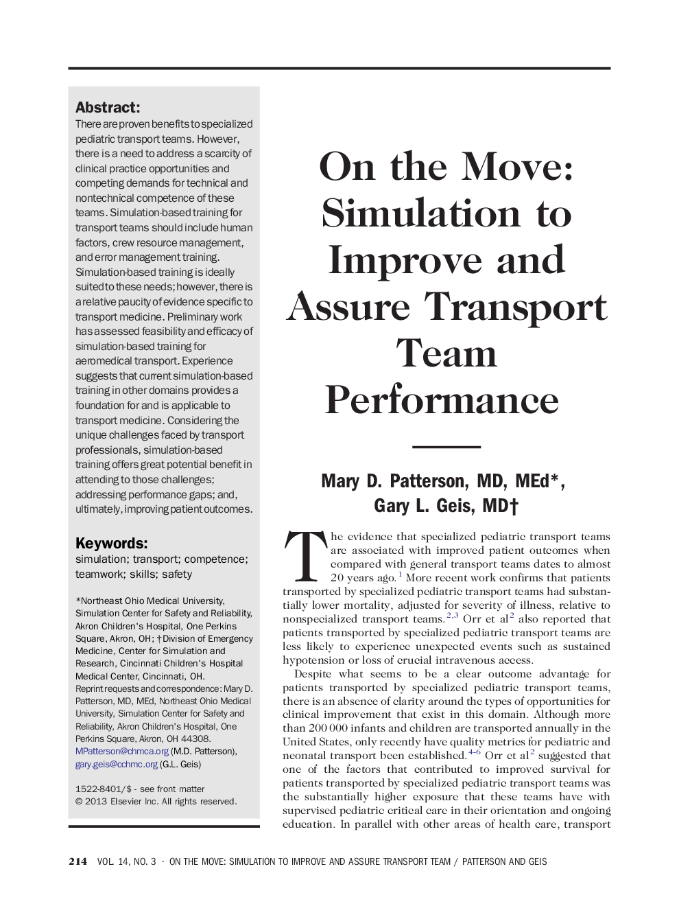 On the Move: Simulation to Improve and Assure Transport Team Performance 
