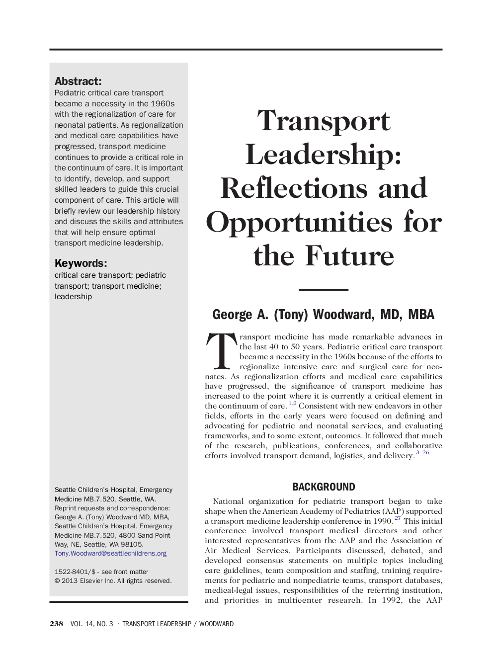 Transport Leadership: Reflections and Opportunities for the Future