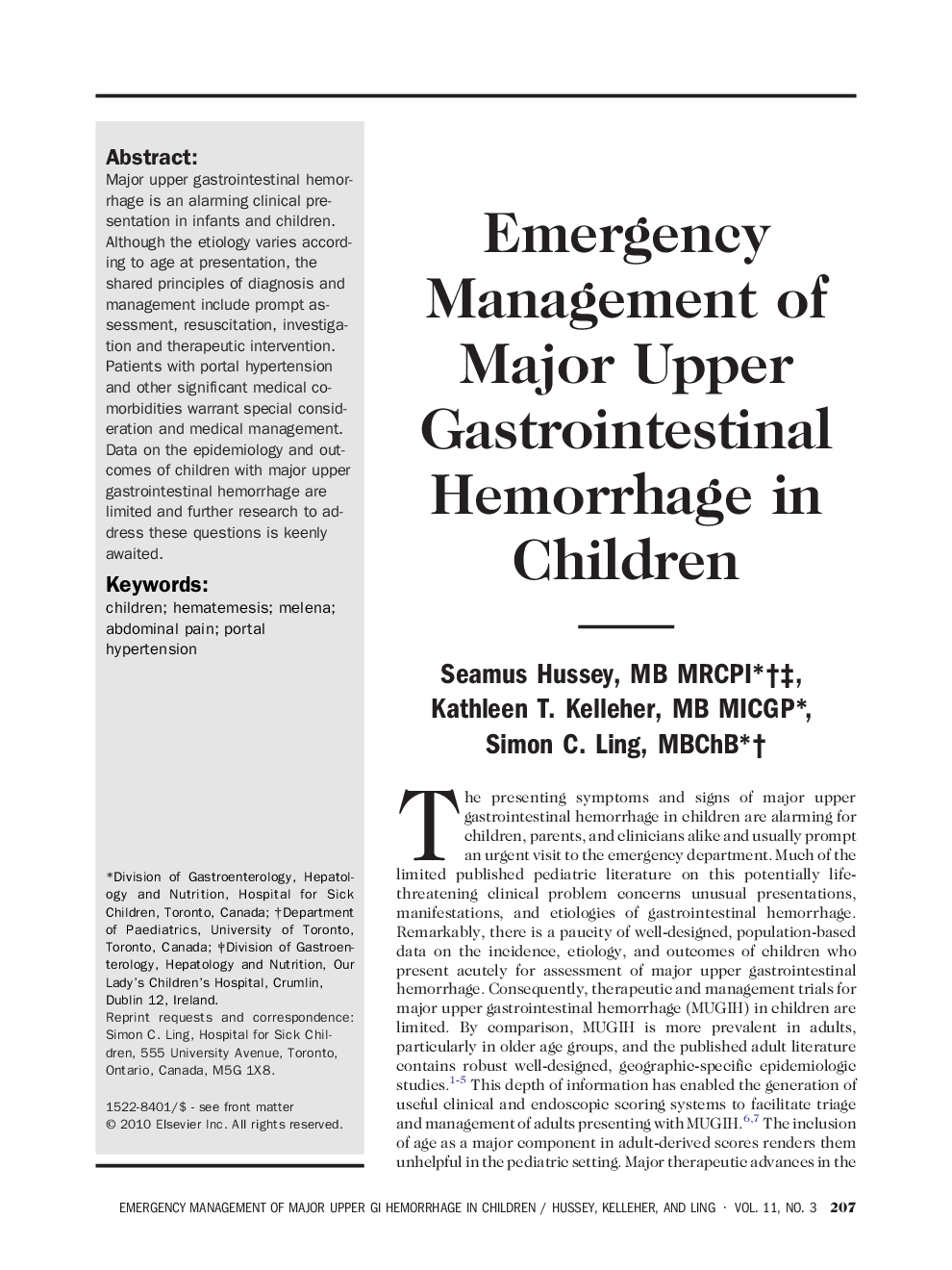 Emergency Management of Major Upper Gastrointestinal Hemorrhage in Children