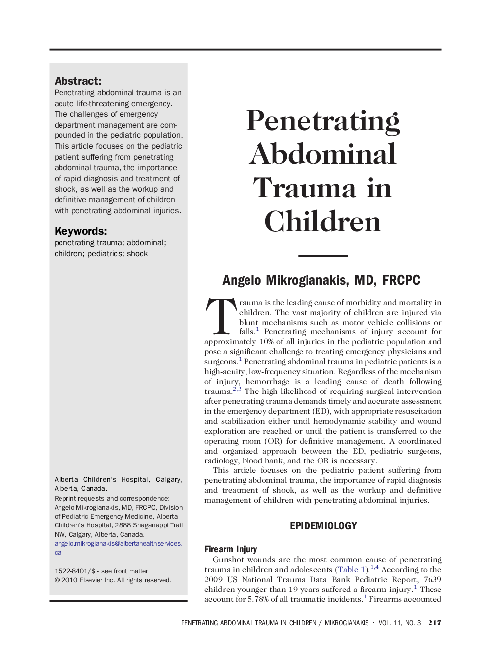 Penetrating Abdominal Trauma in Children