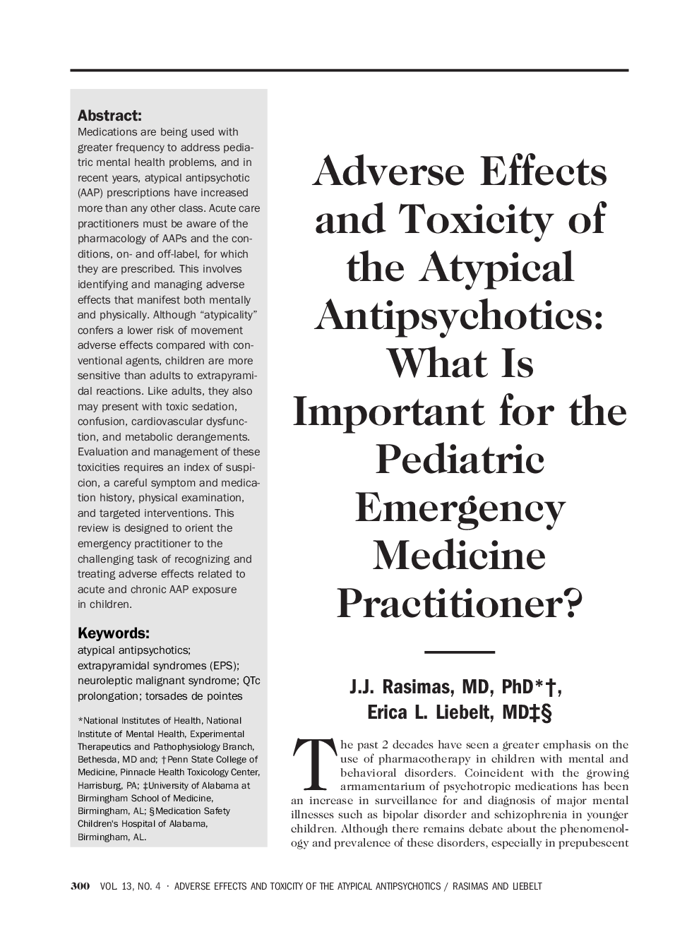 Adverse Effects and Toxicity of the Atypical Antipsychotics: What Is Important for the Pediatric Emergency Medicine Practitioner?