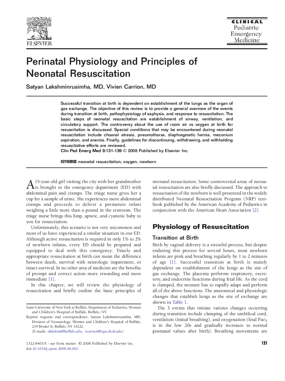 Perinatal Physiology and Principles of Neonatal Resuscitation