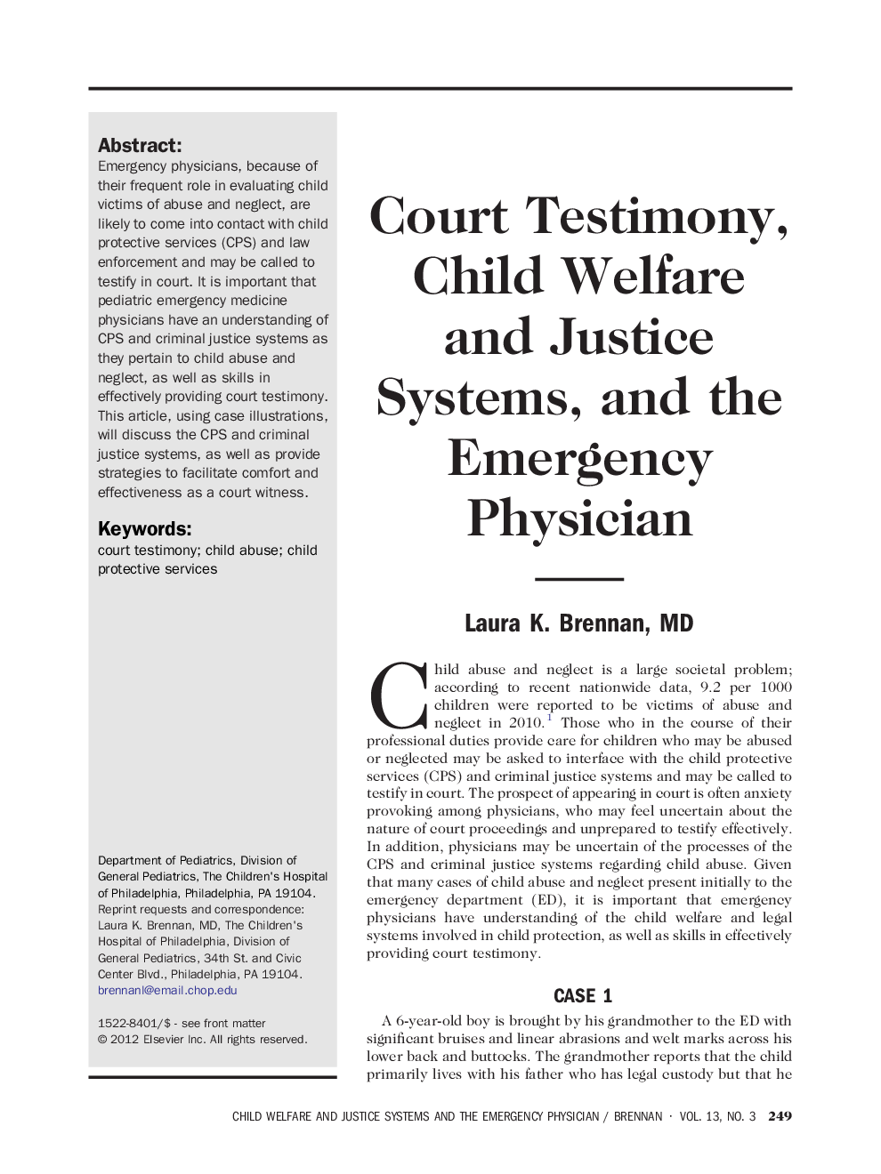 Court Testimony, Child Welfare and Justice Systems, and the Emergency Physician