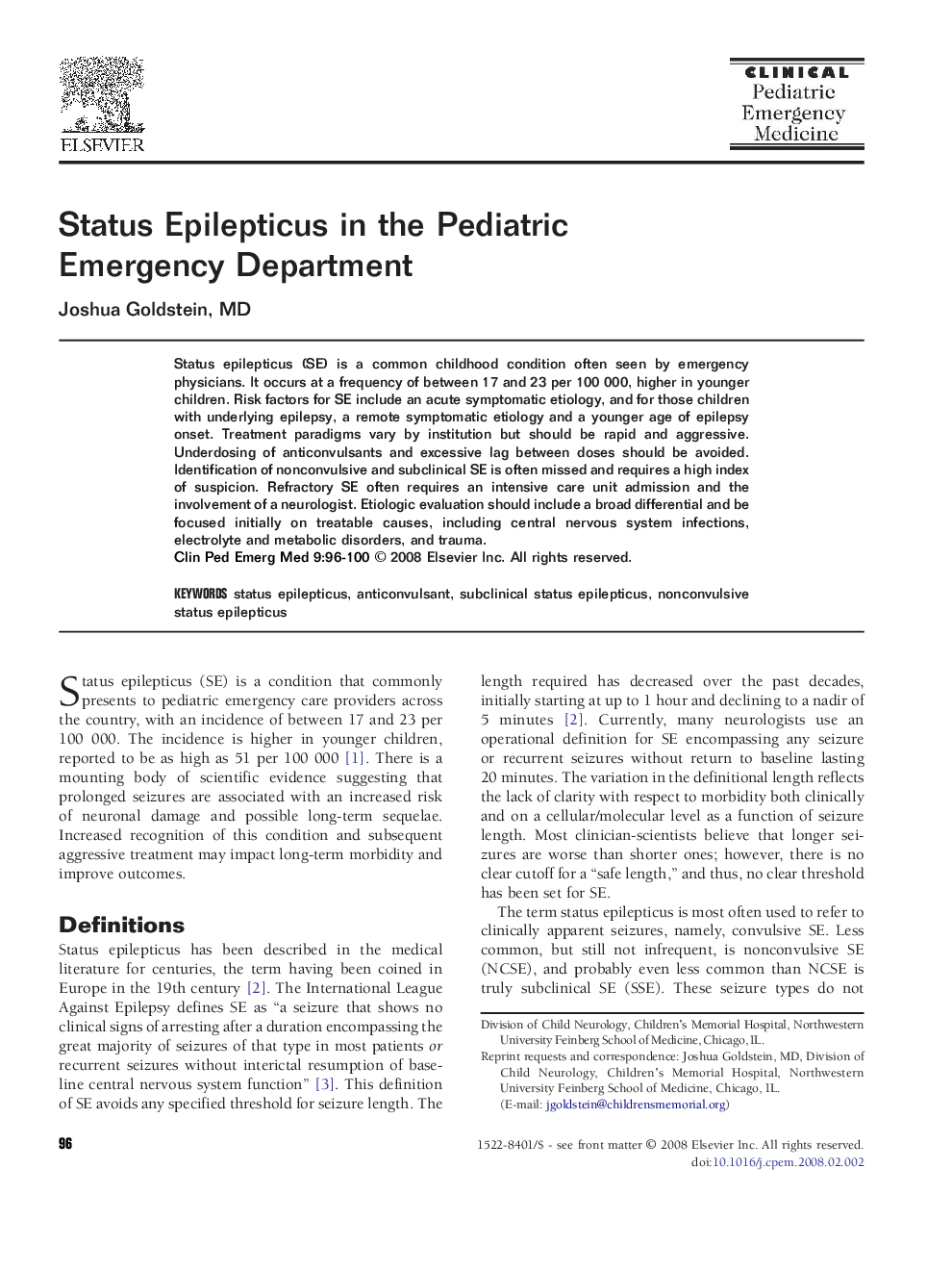 Status Epilepticus in the Pediatric Emergency Department