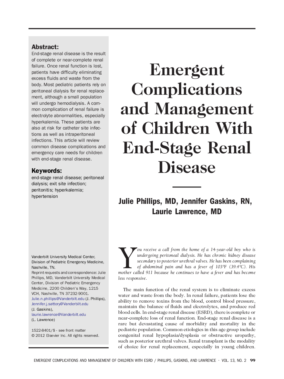 Emergent Complications and Management of Children With End-Stage Renal Disease