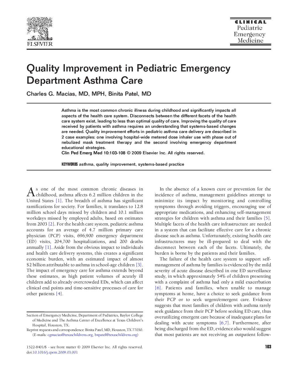 Quality Improvement in Pediatric Emergency Department Asthma Care