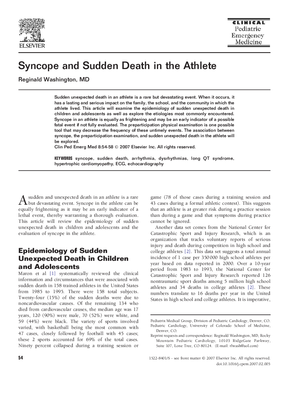 Syncope and Sudden Death in the Athlete