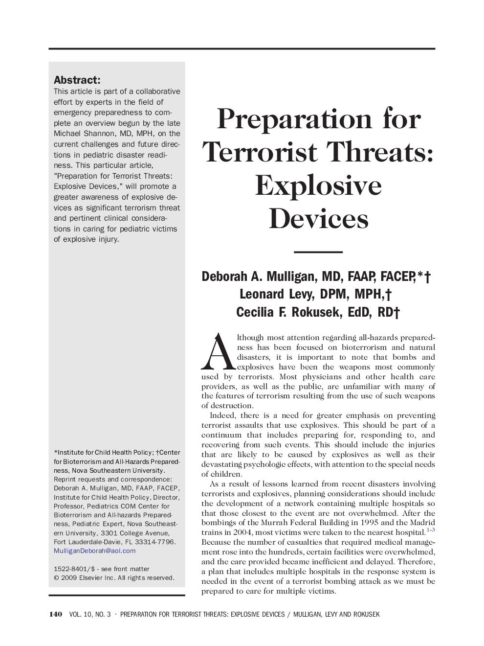 Preparation for Terrorist Threats: Explosive Devices