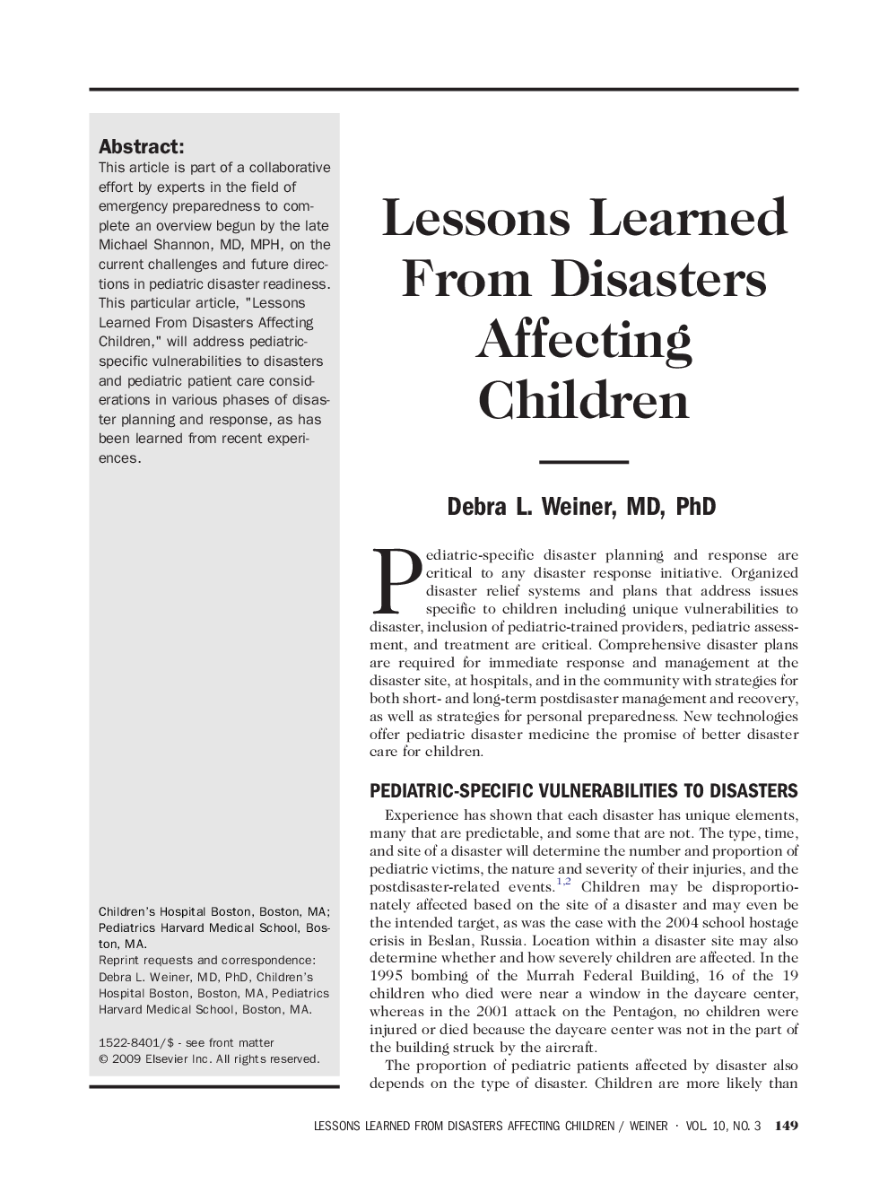 Lessons Learned From Disasters Affecting Children