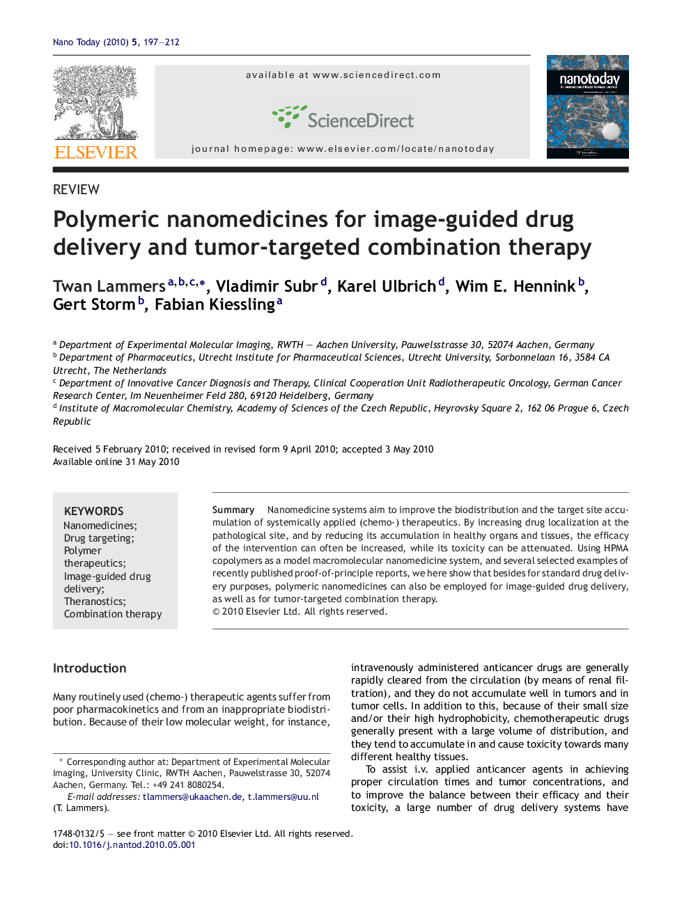 Polymeric nanomedicines for image-guided drug delivery and tumor-targeted combination therapy