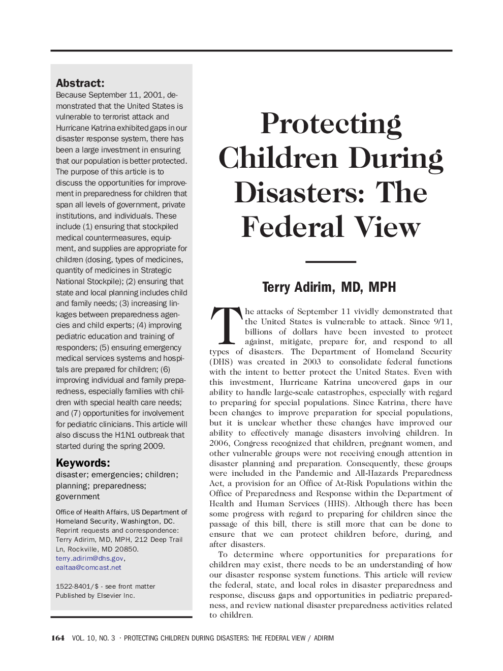 Protecting Children During Disasters: The Federal View