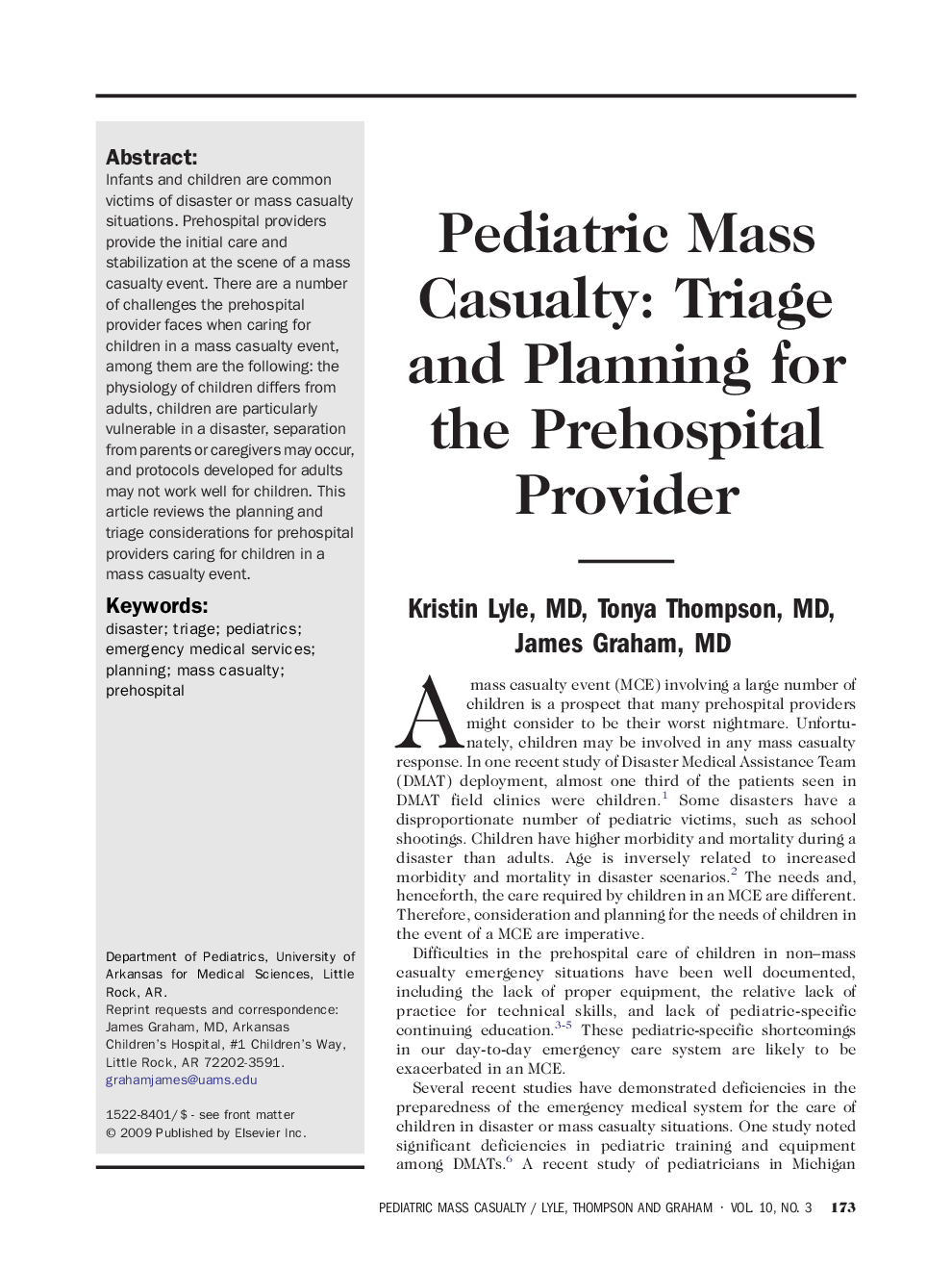 Pediatric Mass Casualty: Triage and Planning for the Prehospital Provider