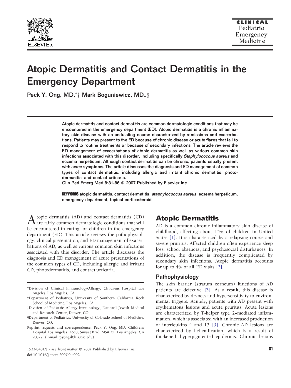 Atopic Dermatitis and Contact Dermatitis in the Emergency Department