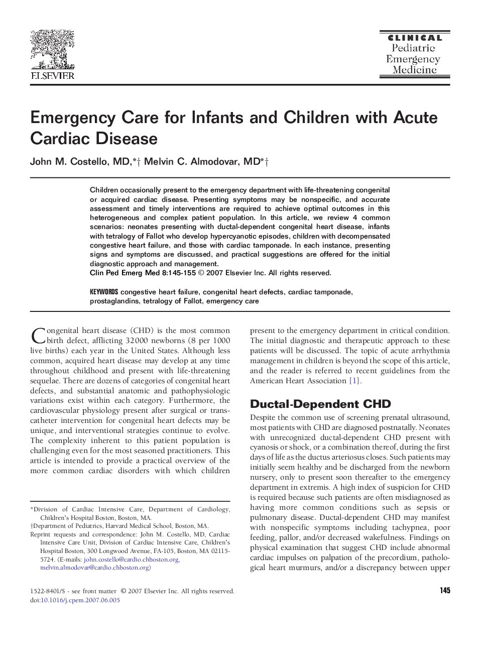 Emergency Care for Infants and Children with Acute Cardiac Disease