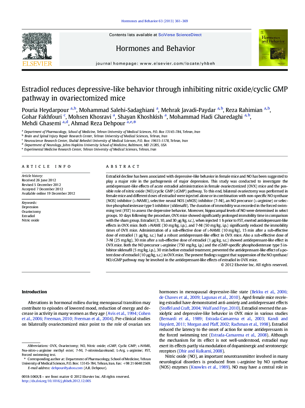 Estradiol reduces depressive-like behavior through inhibiting nitric oxide/cyclic GMP pathway in ovariectomized mice