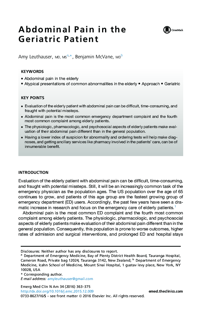 Abdominal Pain in the Geriatric Patient