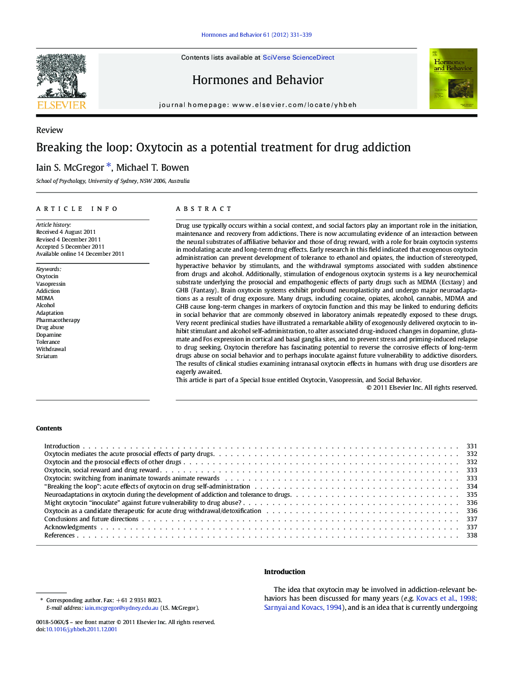 Breaking the loop: Oxytocin as a potential treatment for drug addiction