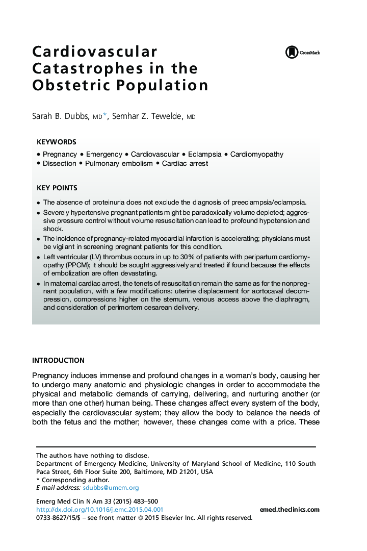 Cardiovascular Catastrophes in the Obstetric Population