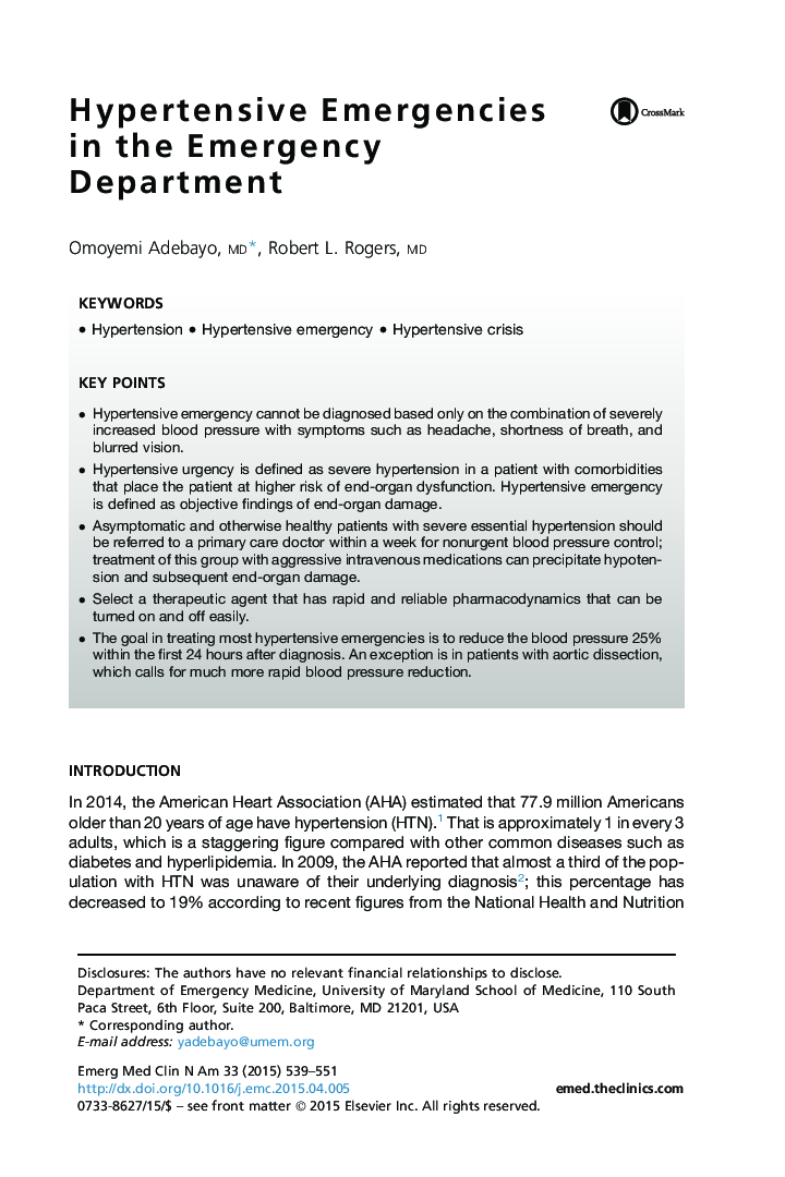 Hypertensive Emergencies in the Emergency Department