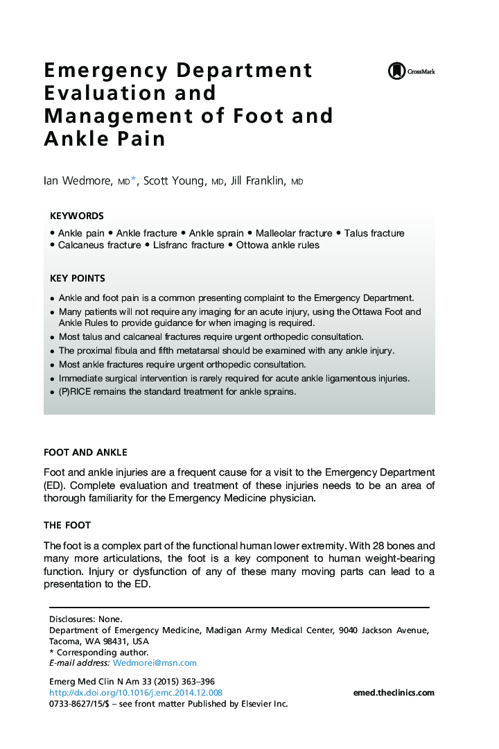 Emergency Department Evaluation and Management of Foot and Ankle Pain