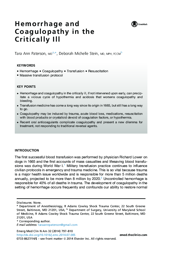 Hemorrhage and Coagulopathy in the Critically Ill