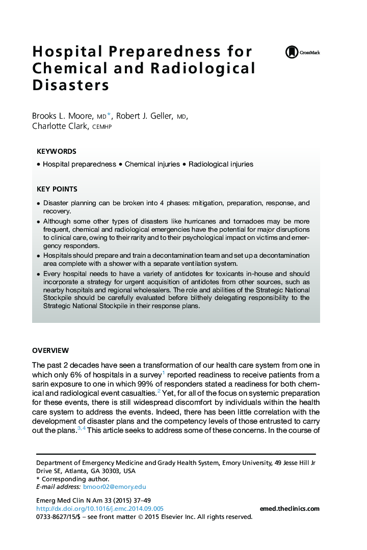 Hospital Preparedness for Chemical and Radiological Disasters