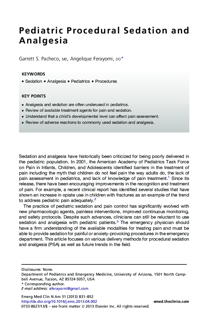 Pediatric Procedural Sedation and Analgesia