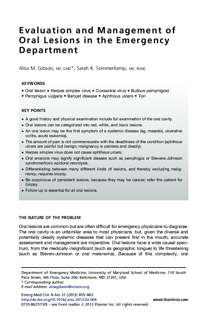 Evaluation and Management of Oral Lesions in the Emergency Department