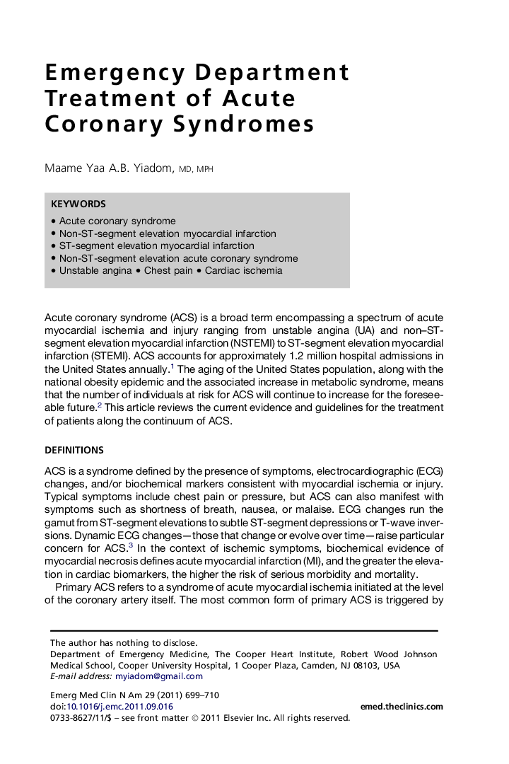 Emergency Department Treatment of Acute Coronary Syndromes