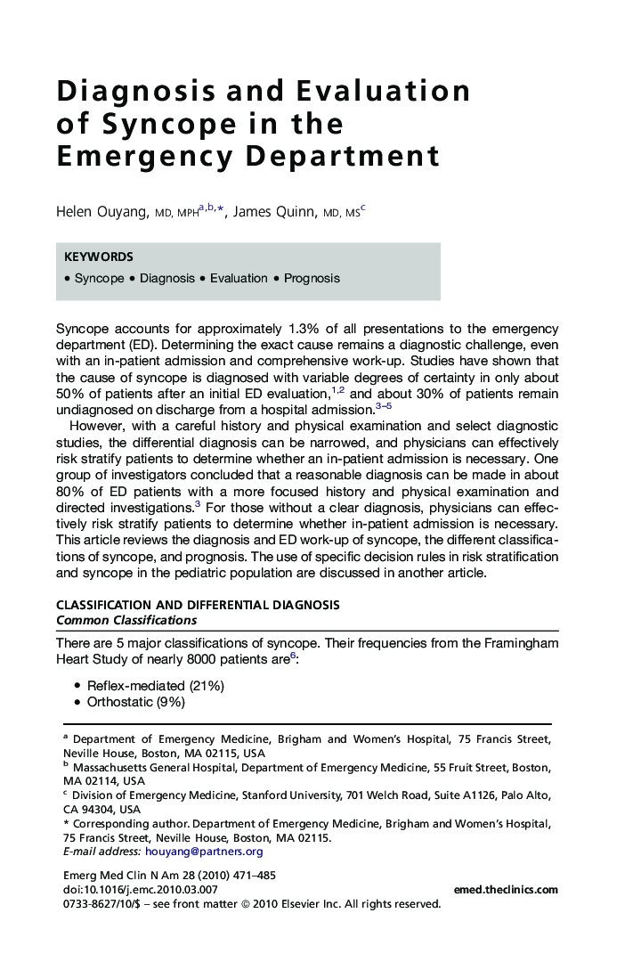 Diagnosis and Evaluation of Syncope in the Emergency Department