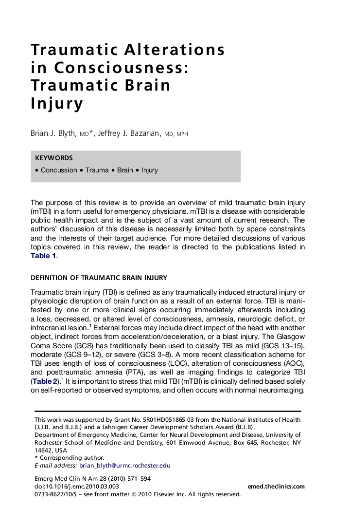 Traumatic Alterations in Consciousness: Traumatic Brain Injury