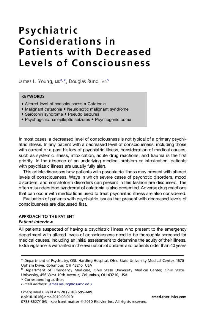 Psychiatric Considerations in Patients with Decreased Levels of Consciousness