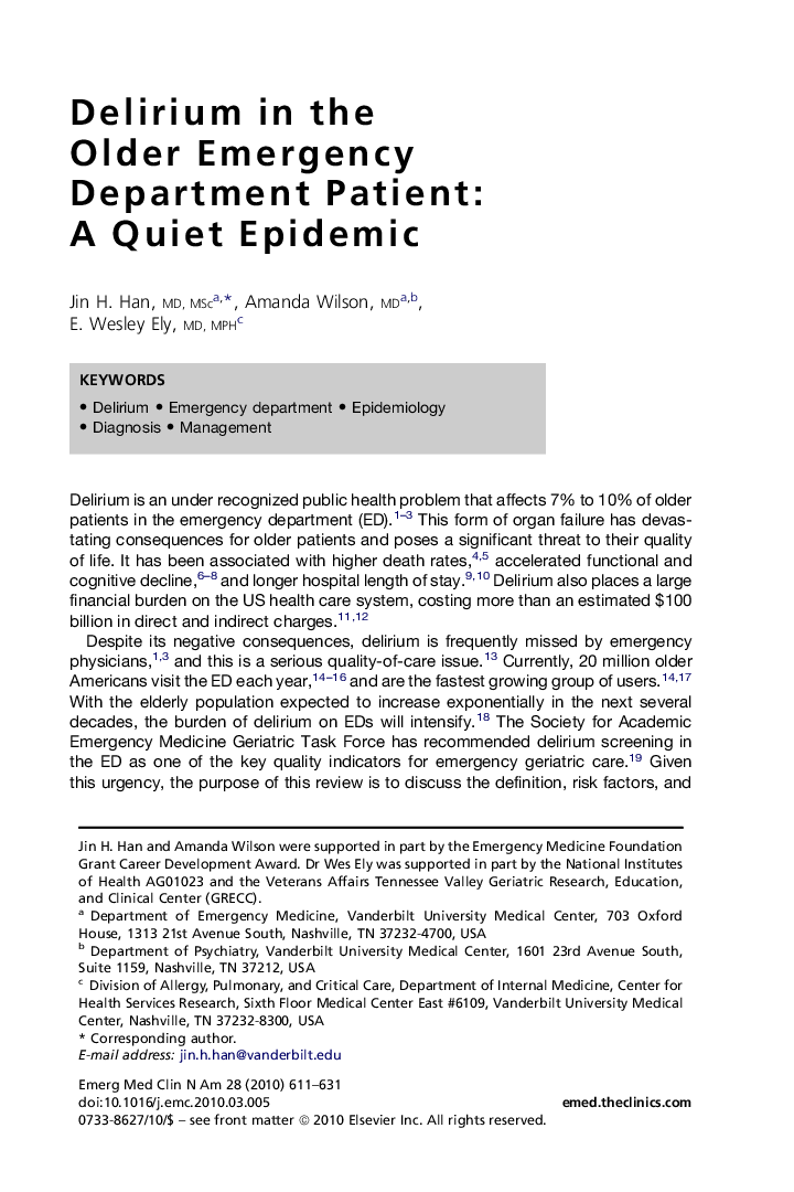 Delirium in the Older Emergency Department Patient: A Quiet Epidemic