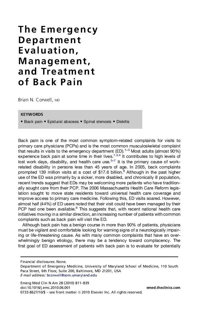 The Emergency Department Evaluation, Management, and Treatment of Back Pain