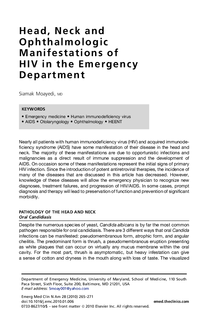 Head, Neck and Ophthalmologic Manifestations of HIV in the Emergency Department