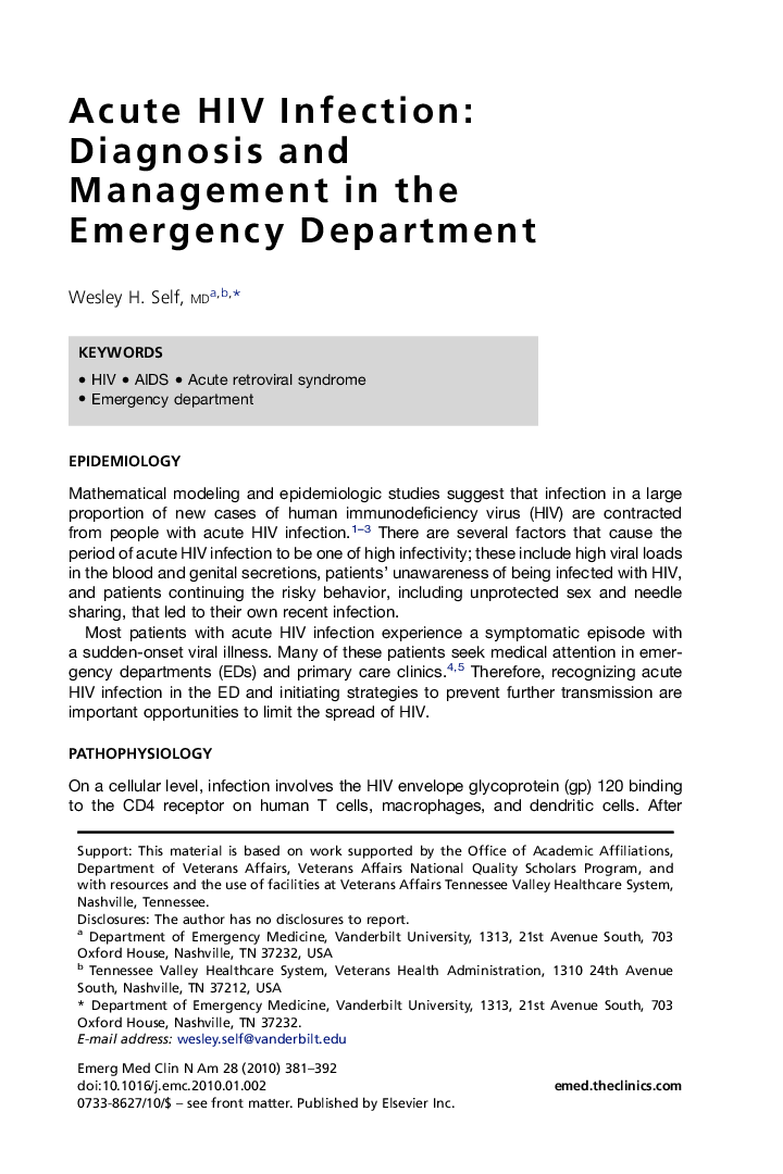 Acute HIV Infection: Diagnosis and Management in the Emergency Department