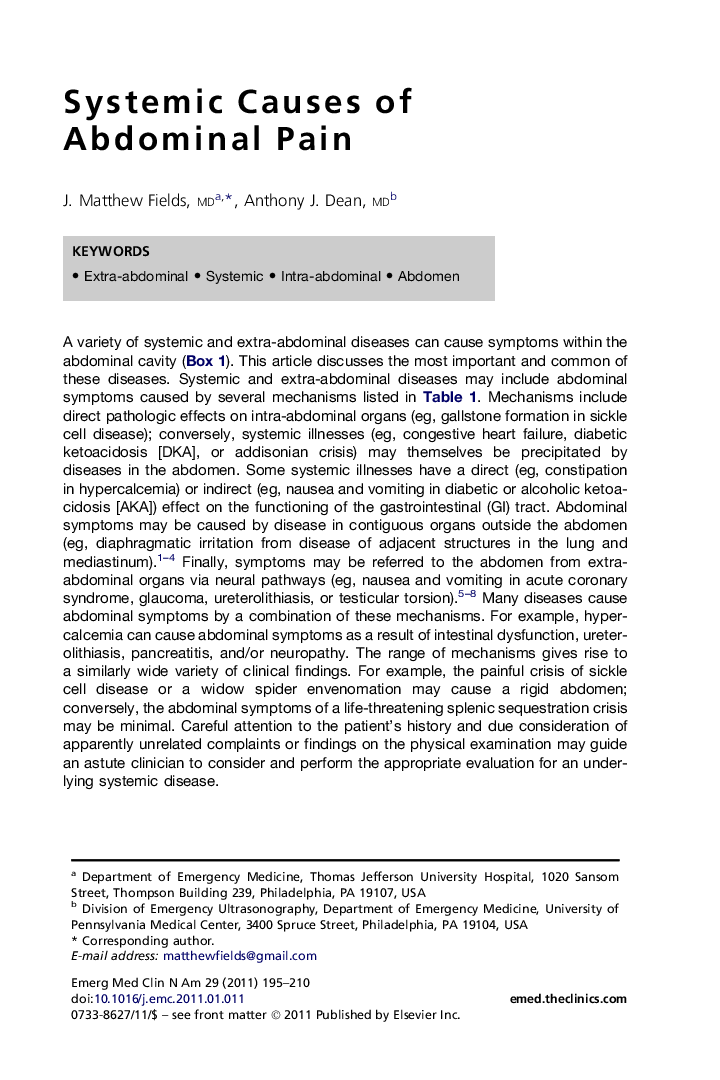 Systemic Causes of Abdominal Pain