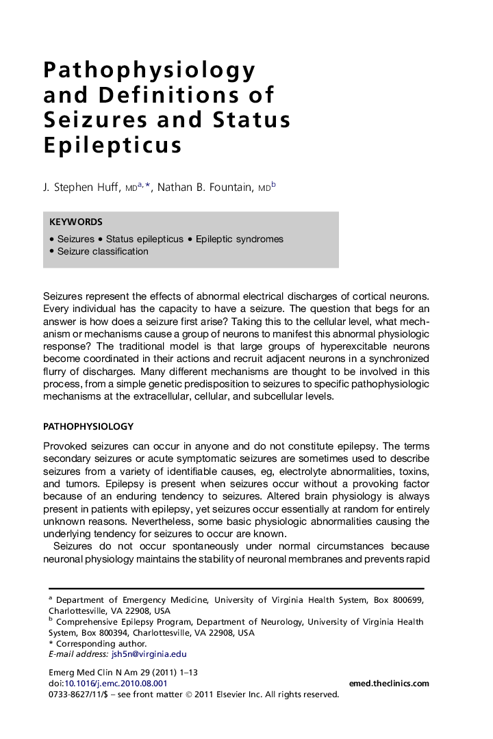 Pathophysiology and Definitions of Seizures and Status Epilepticus