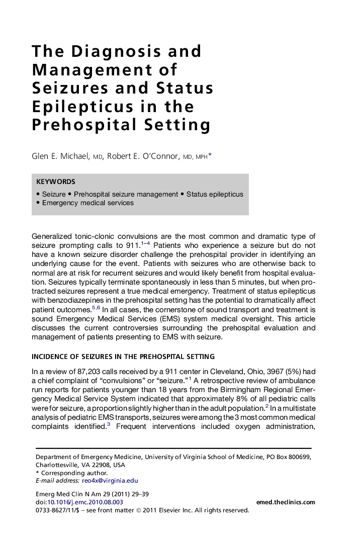 The Diagnosis and Management of Seizures and Status Epilepticus in the Prehospital Setting