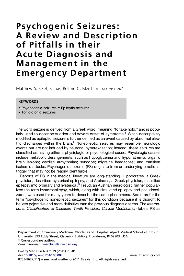 Psychogenic Seizures: A Review and Description of Pitfalls in their Acute Diagnosis and Management in the Emergency Department