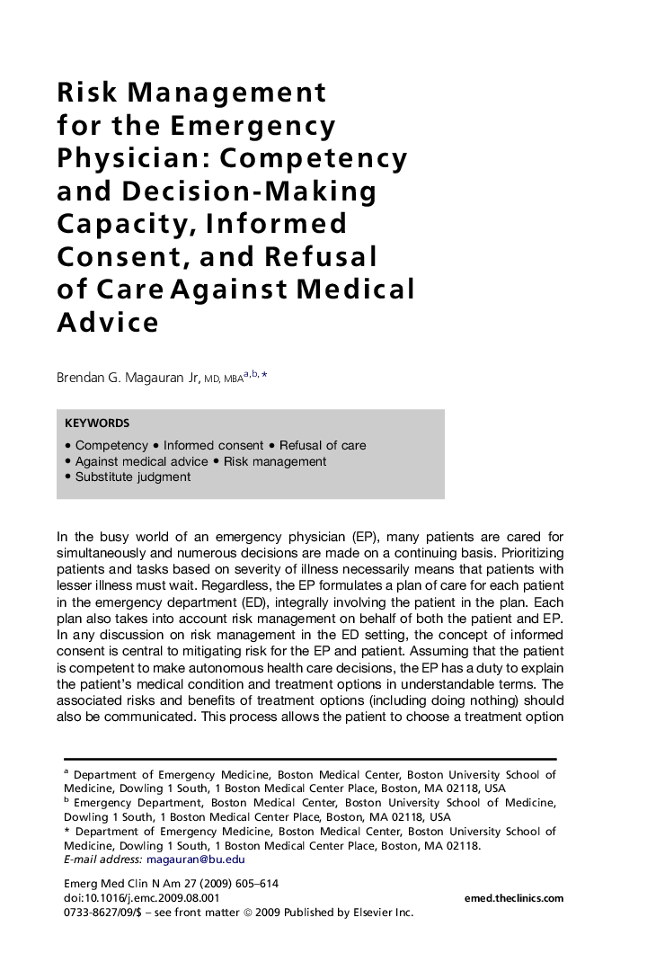 Risk Management for the Emergency Physician: Competency and Decision-Making Capacity, Informed Consent, and Refusal of Care Against Medical Advice