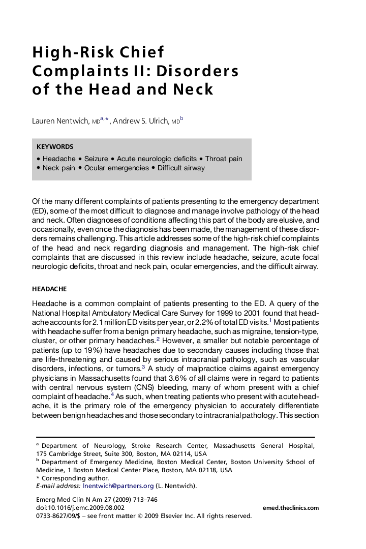 High-Risk Chief Complaints II: Disorders of the Head and Neck